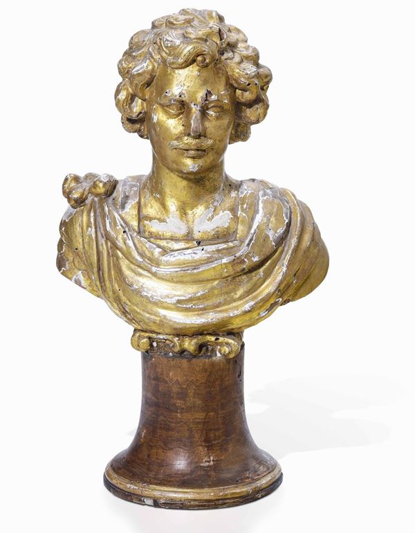 Busto maschile. Legno scolpito e dorato. Italia XVIII secolo