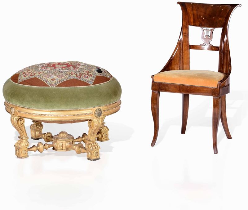 Lotto di un pouf in legno intagliato e dorato e una sedia in mogano  - Asta La villa di campagna di Leonardo Botta - II - Cambi Casa d'Aste