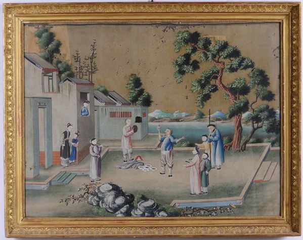 Dipinto su carta raffigurante scena di vita comune, Cina, Dinastia Qing, epoca Qianlong (1736-1796)