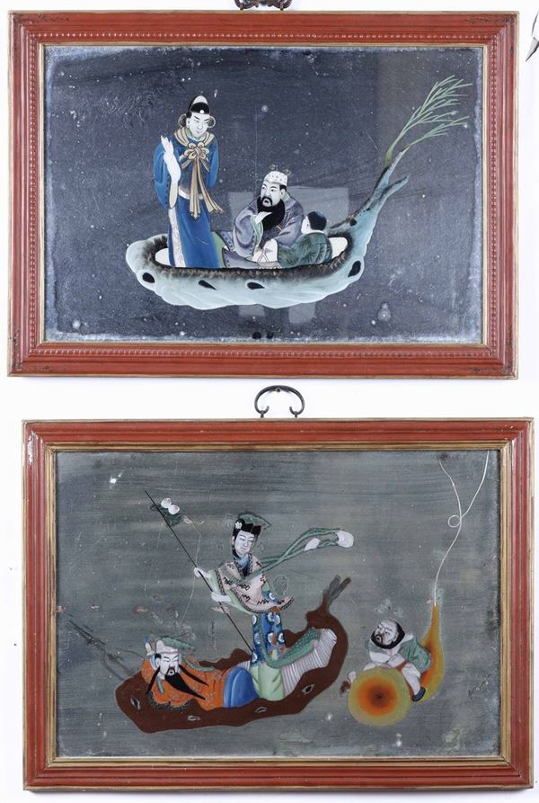 Coppia di dipinti raffiguranti personaggi su imbarcazioni, Cina, Dinastia Qing, XIX secolo