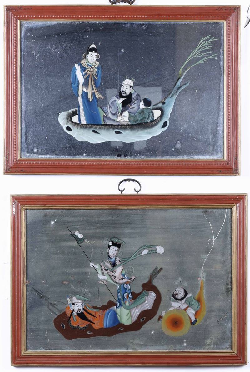 Coppia di dipinti raffiguranti personaggi su imbarcazioni, Cina, Dinastia Qing, XIX secolo  - Asta La villa di campagna di Leonardo Botta - II - Cambi Casa d'Aste