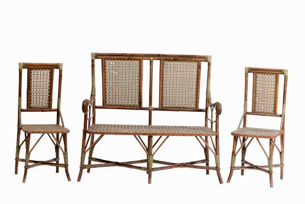 Salotto in bambù composto da divano e coppia di sedie, XX secolo