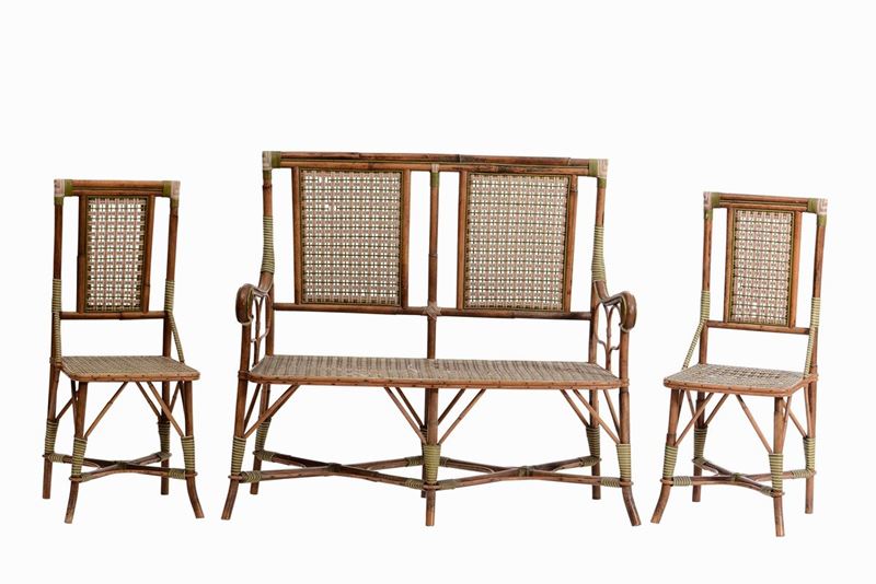 Salotto in bambù composto da divano e coppia di sedie, XX secolo  - Auction The country villa of Leonardo Botta - II - Cambi Casa d'Aste