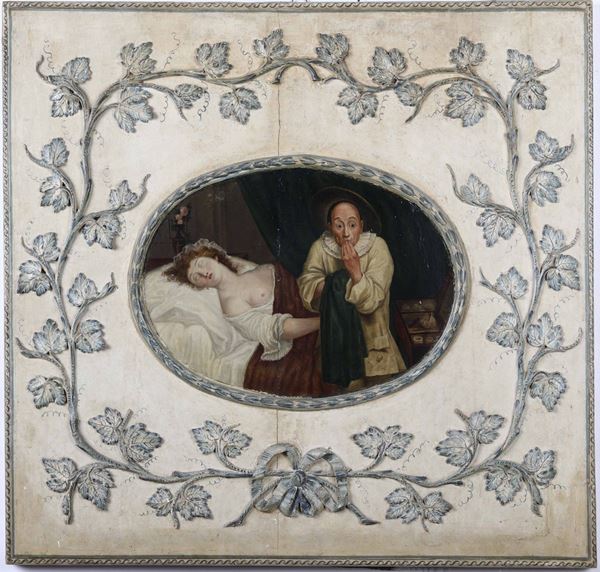 Pannello in legno laccato e dipinto con scena erotica. XIX secolo