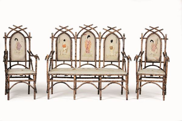 Salotto in bambù composto da divano, due poltrone, sei sedie e tavolino. Inghilterra XIX secolo