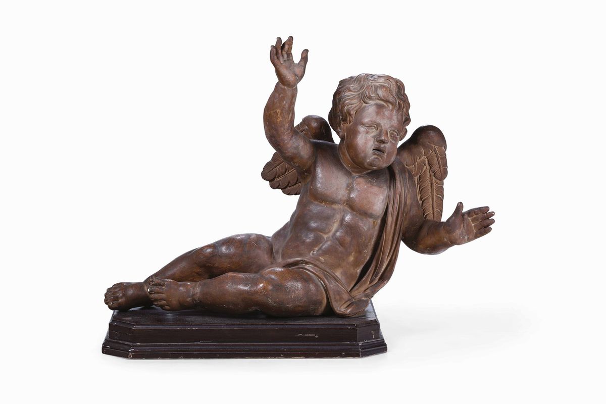 Coppia di Putti Terracotta Patinata (basi in Legno Ebanizzate Non Coeve). Plasticatore Barocco de...