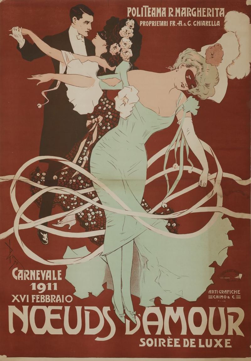 Giuseppe Pipein Gamba - Garuti (1869-1954) NOEUDS D’AMOUR... CARNEVALE 1911 / POLITEAMA R. MARGHERITA  - Auction Vintage Posters - Cambi Casa d'Aste