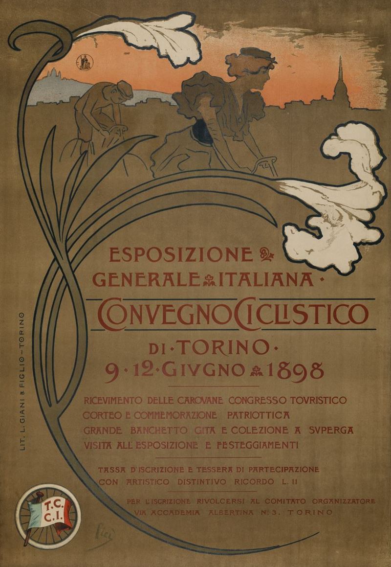 Picì ESPOSIZIONE GENERALE ITALIANA - CONVEGNO CICLISTICO TORINO  - Asta Manifesti d'Epoca - Cambi Casa d'Aste