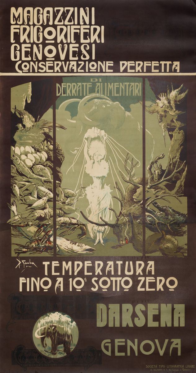 Giuseppe Pipein Gamba - Garuti (1869-1954) MAGAZZINI FRIGORIFERI GENOVESI, CONSERVAZIONE PERFETTA... DARSENA, GENOVA  - Auction Vintage Posters - Cambi Casa d'Aste