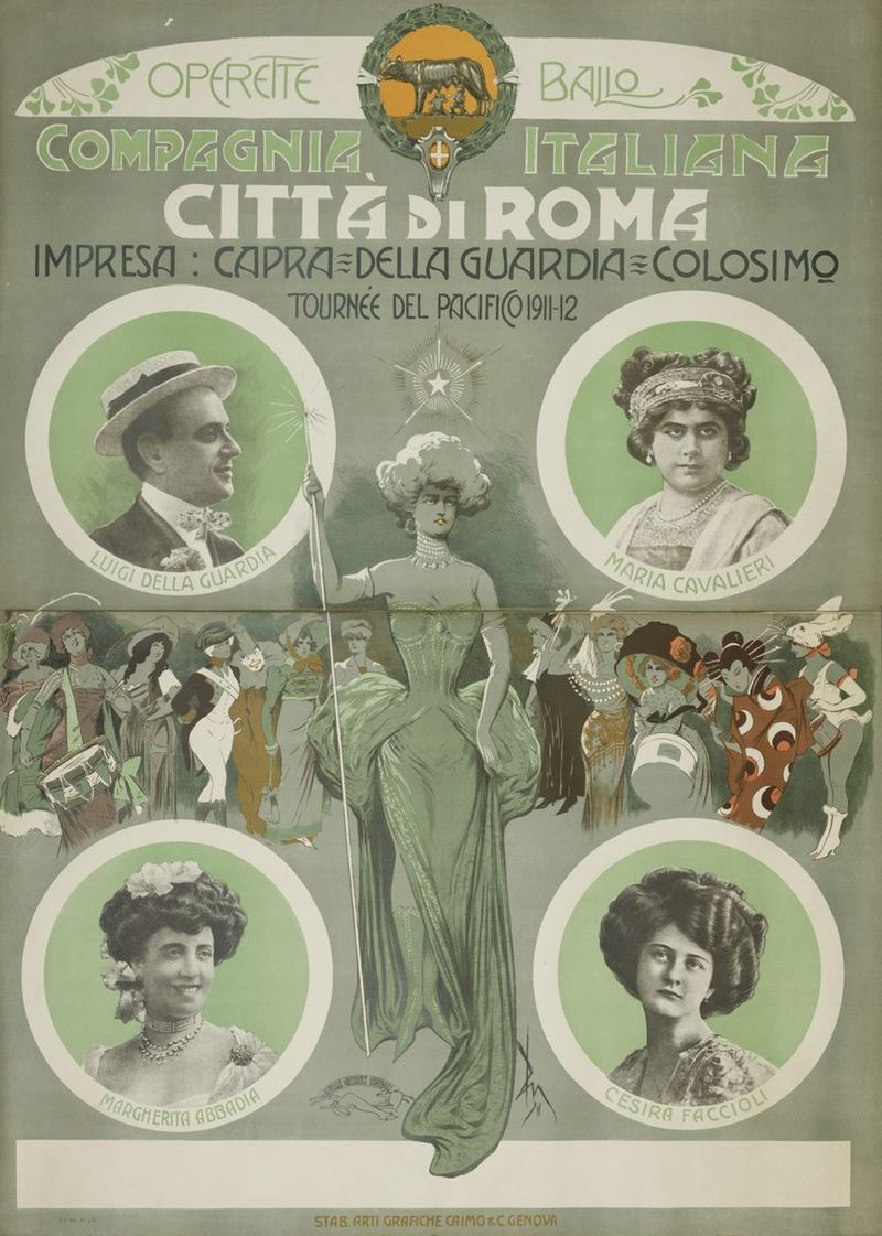 Giuseppe Pipein Gamba - Garuti (1869-1954) COMPAGNIA ITALIANA CITTA’ DI ROMA – IMPRESA: CAPRA, DELLA GUARDIA, COLOSIMO  - Auction Vintage Posters - Cambi Casa d'Aste