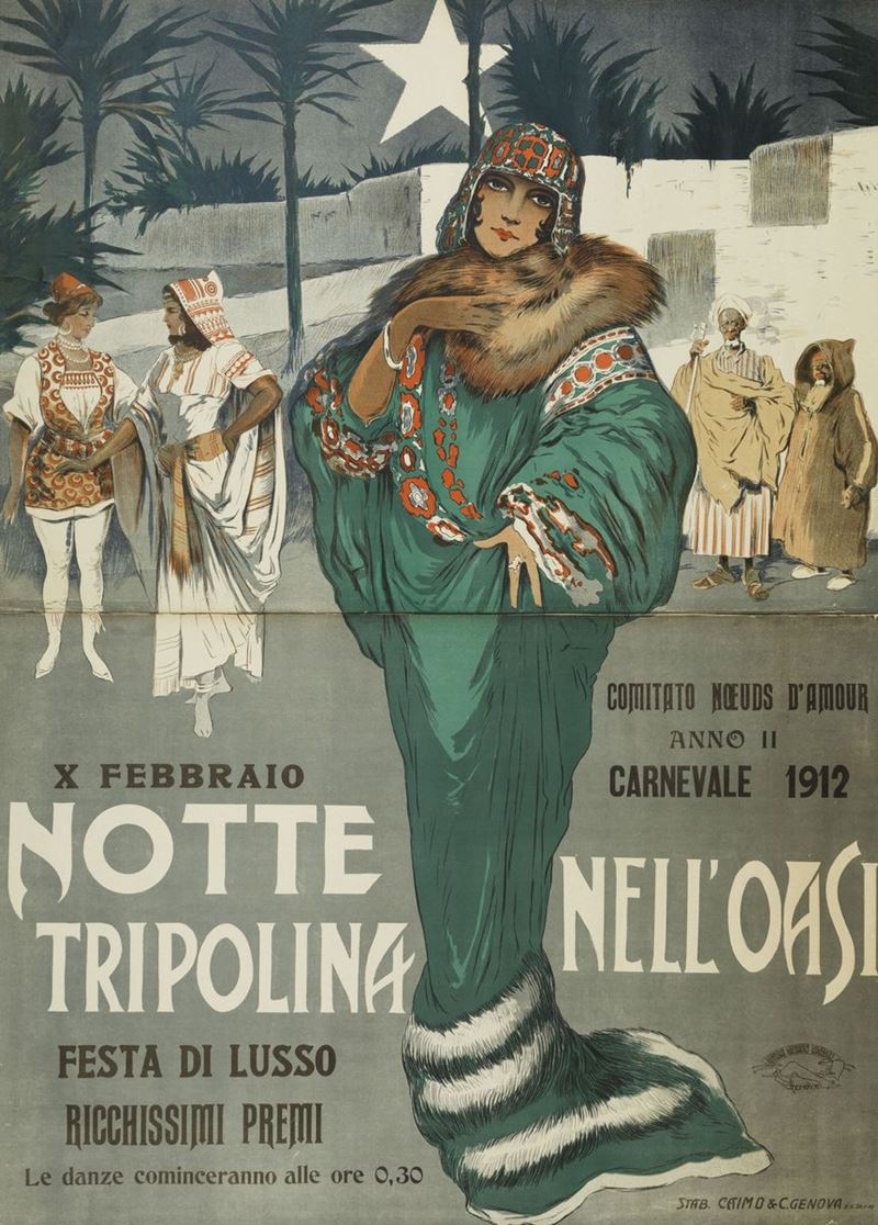 Giuseppe Pipein Gamba - Garuti (1869-1954) NOTTE TRIPOLINA NELL’OASI... CARNEVALE 1912  - Auction Vintage Posters - Cambi Casa d'Aste