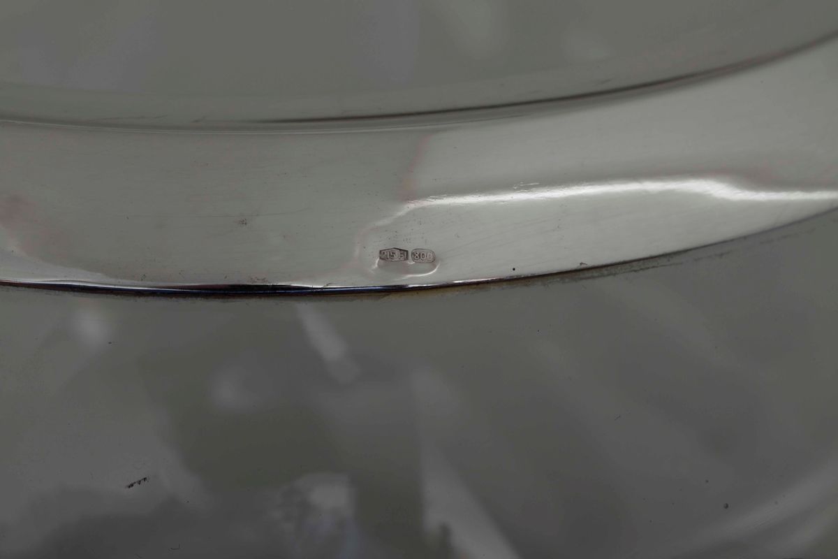 Due Coppette e Portacaviale in Argento e Vetro. Argenteria Italiana del XX Secolo