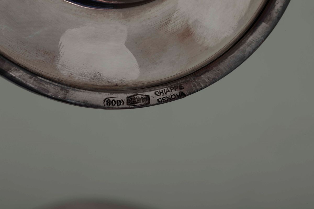 Due Coppette e Portacaviale in Argento e Vetro. Argenteria Italiana del XX Secolo