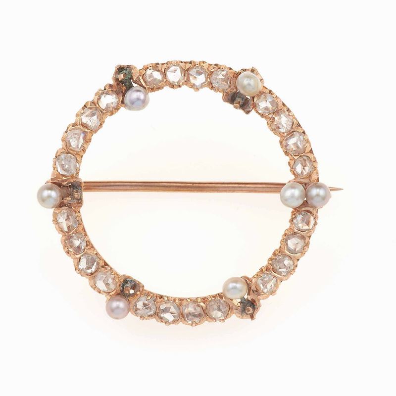 Spilla con piccole perle e diamanti  - Auction Jewels | Timed Auction - Cambi Casa d'Aste