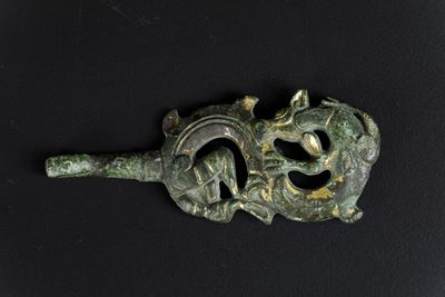Rara Fibbia in Bronzo con Tracce di Doratura a Foggia di Drago, Cina, Dinastia Shang (1750-1028 a...