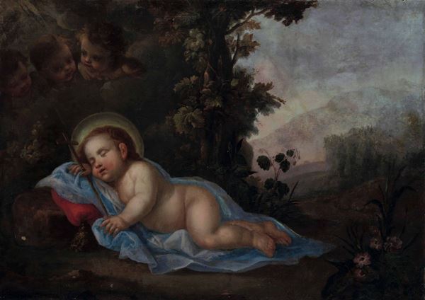 Scuola romana del XVIII secolo Gesù Bambino addormentato sulla croce
