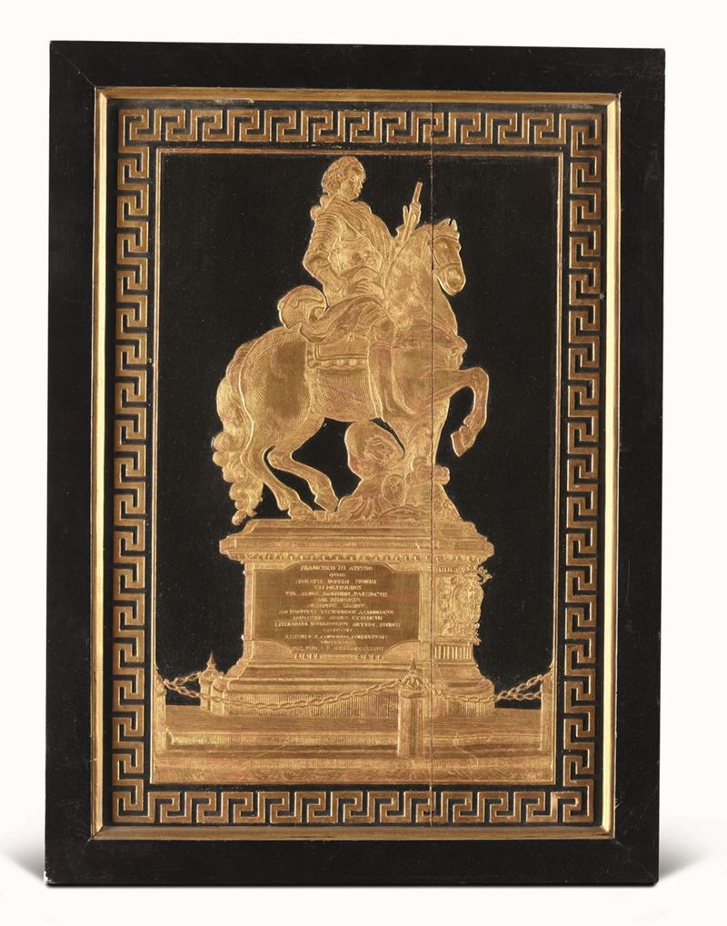 Monumento Equestre a Francesco III d’ Este  Rilievo in legno scolpito, dorato e ebanizzato Emilia Mirandola 1847 firmato  - Asta Importanti Opere e Arredi - Cambi Casa d'Aste