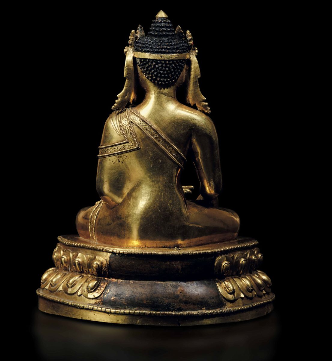 Importante Figura di Buddha Sakyamuni Incoronato Seduto su Doppio Fiore di Loto con Tracce di Pol...