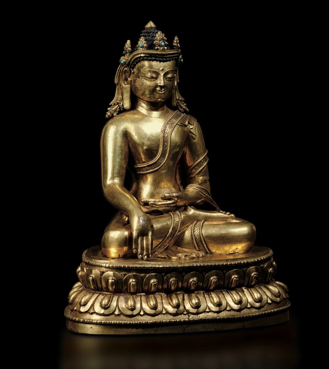 Importante Figura di Buddha Sakyamuni Incoronato Seduto su Doppio Fiore di Loto con Tracce di Pol...