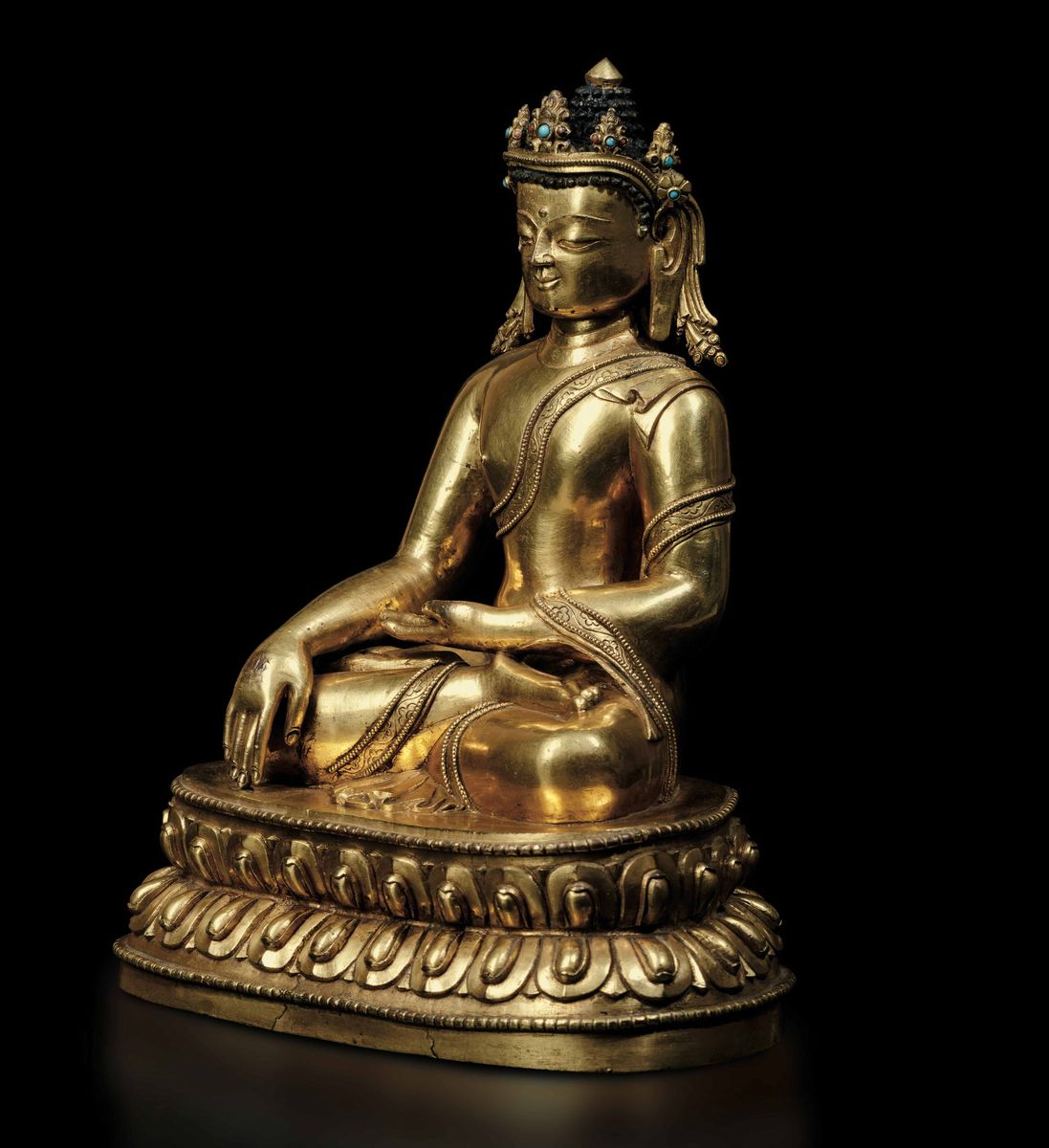 Importante Figura di Buddha Sakyamuni Incoronato Seduto su Doppio Fiore di Loto con Tracce di Pol...
