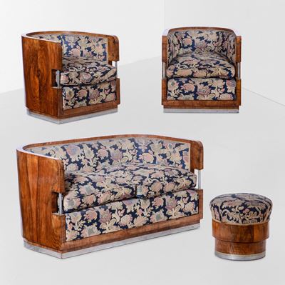 Salotto Composto da Divano, Due Poltrone e Pouf con Struttura in Legno, Radica e Particolari in M...