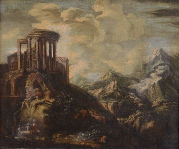 Scuola romana del XVIII secolo Paesaggio con rovine e figure