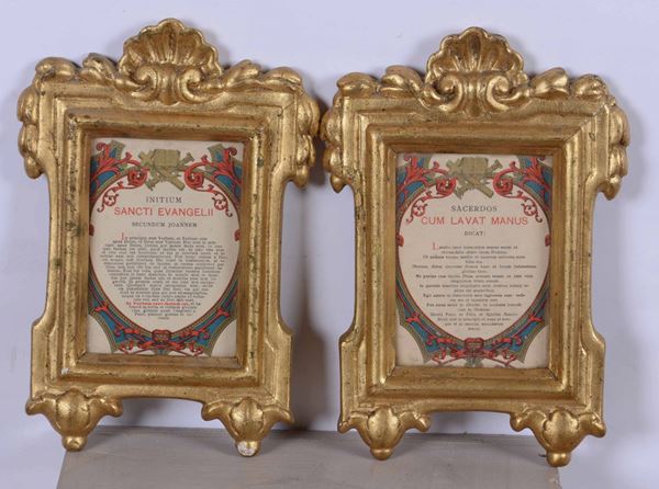 Coppia piccole cartaglorie in legno intagliato e dorato, XVIII-XIX secolo