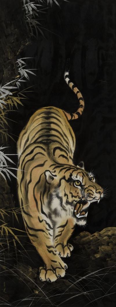 Dipinto su Seta Raffigurante Tigre con Iscrizione, Cina, XX Secolo