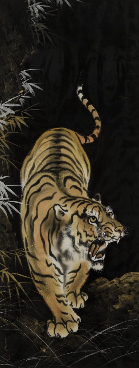 Dipinto su seta raffigurante tigre con iscrizione, Cina, XX secolo