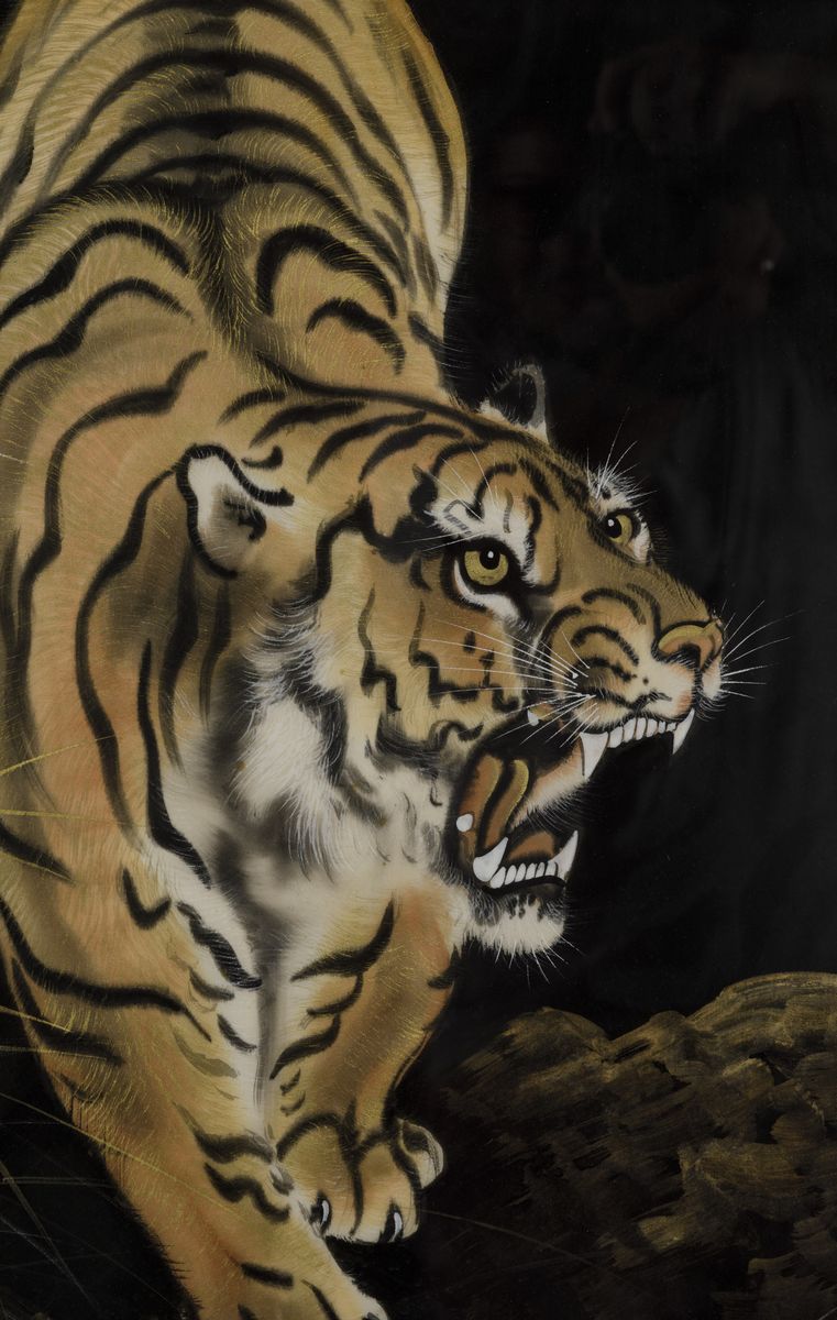 Dipinto su Seta Raffigurante Tigre con Iscrizione, Cina, XX Secolo