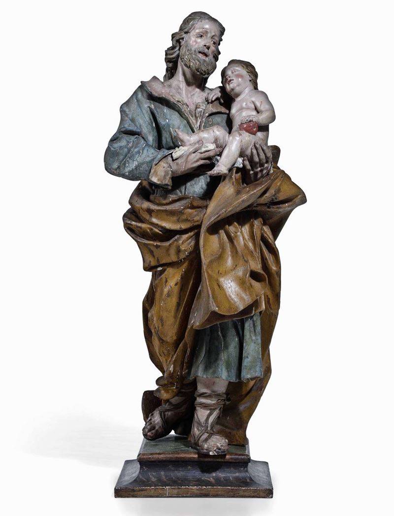 San Giuseppe e Gesù Scultura in legno policromo e vetro Scultore barocco del XVIII secolo operante in Italia centro – meridionale  - Asta Scultura e Oggetti d'Arte - Cambi Casa d'Aste