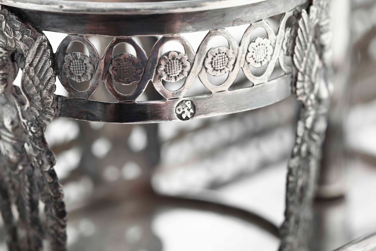 Oliera in Argento con Ampolle in Vetro. Modena XIX Secolo. Argentiere Gaetano Pettocchi