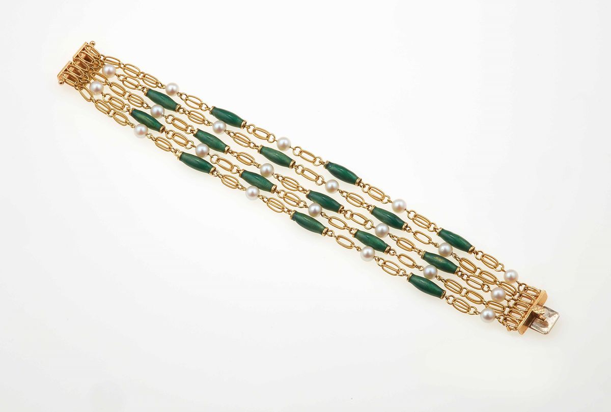 Demi-parure Composta da Collana e Bracciale con Smalto Verde e Perle Coltivate