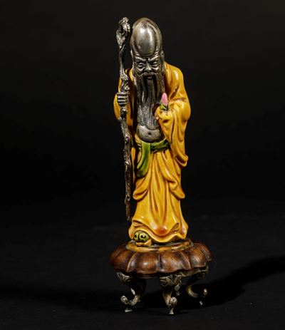Figura di Shaolao in Metallo e Porcellana Policroma, Cina, XX Secolo