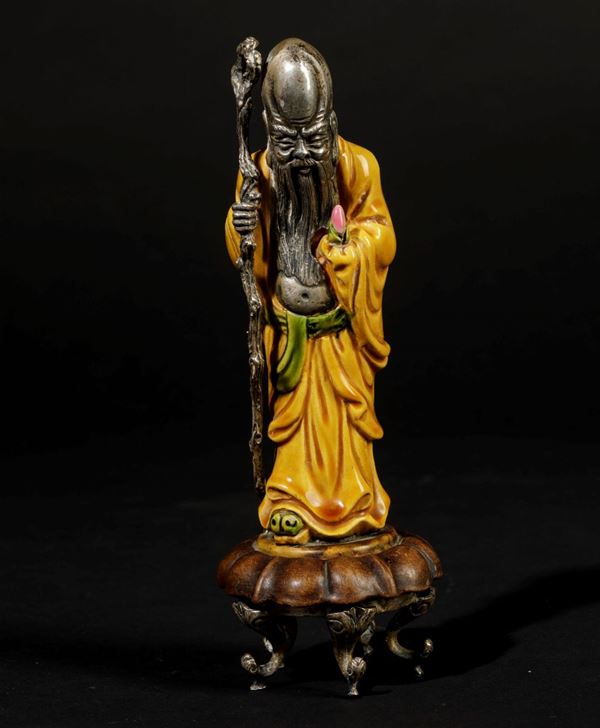Figura di Shaolao in metallo e porcellana policroma, Cina, XX secolo