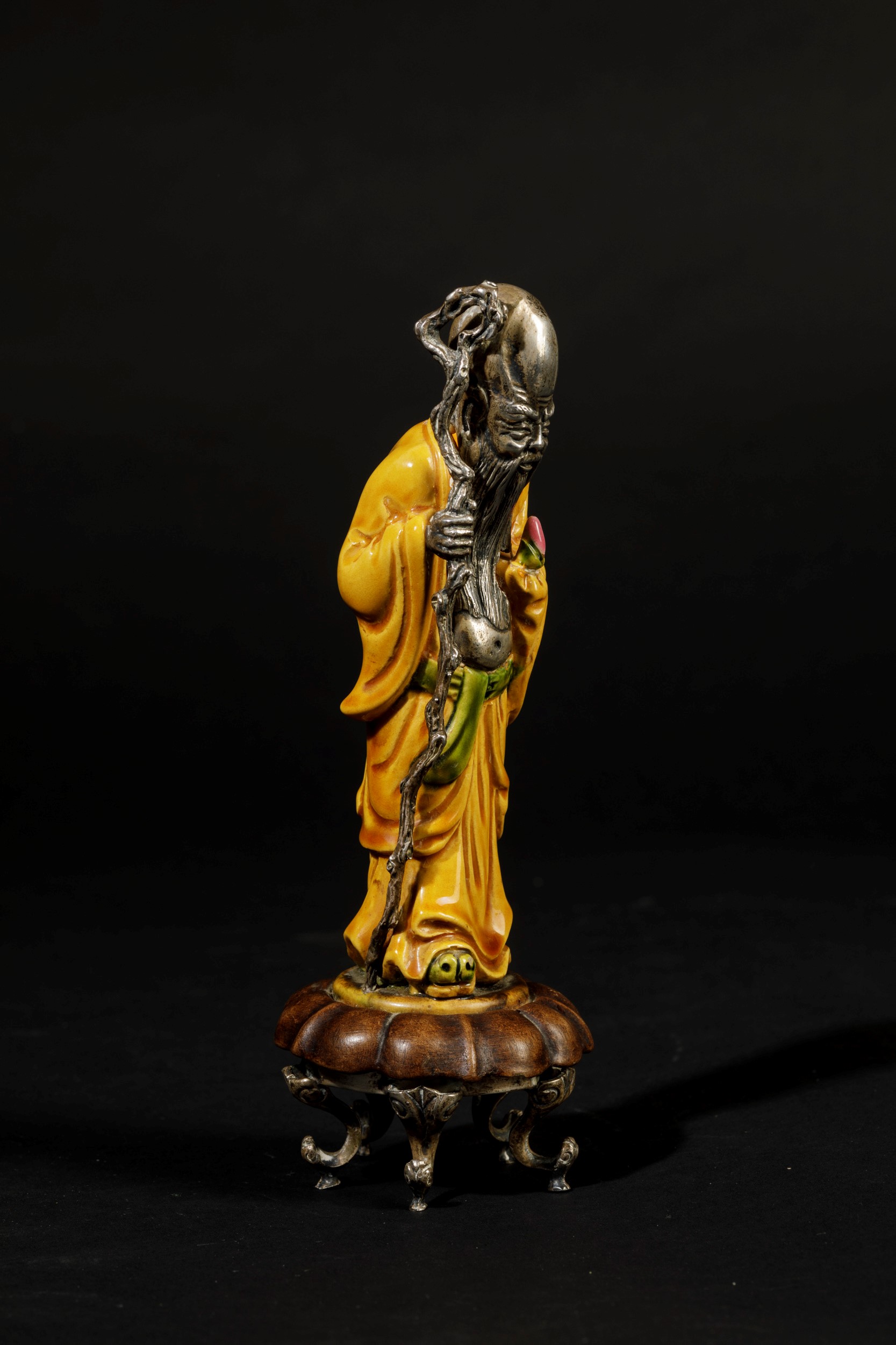 Figura di Shaolao in Metallo e Porcellana Policroma, Cina, XX Secolo
