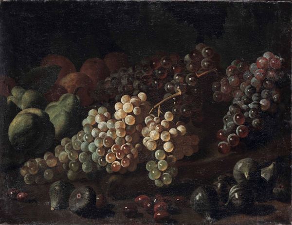 Scuola italiana del XVII-XVIII secolo Natura morta con uva e fichi
