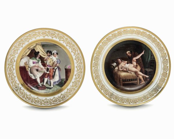 Rara coppia di piatti erotici Napoli, verso il 1830 (decorazione) Sèvres, 1814-1824 (porcellana)