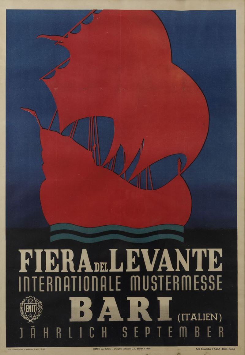 Enzo Forlivesi ARACA - Montanari (1898-1989) FIERA DEL LEVANTE, BARI  - Asta Manifesti d'Epoca - Cambi Casa d'Aste
