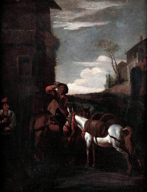 Pieter van Laer detto il Bamboccio (Haarlem 1599 ca-1642), ambito di Uomo a cavallo che beve