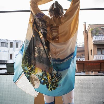 Francesca Liberatore - Maxi Camicia 100% Seta con Stampa Esclusiva con Finiture Salmone