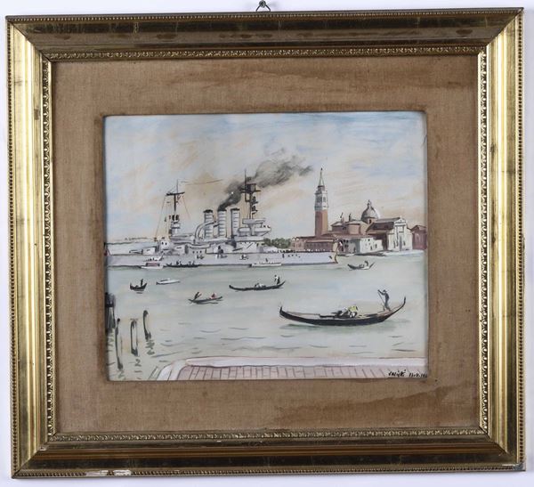 Alberto Salietti (Ravenna 1892 - Chiavari 1961) Venezia con nave militare, 1930