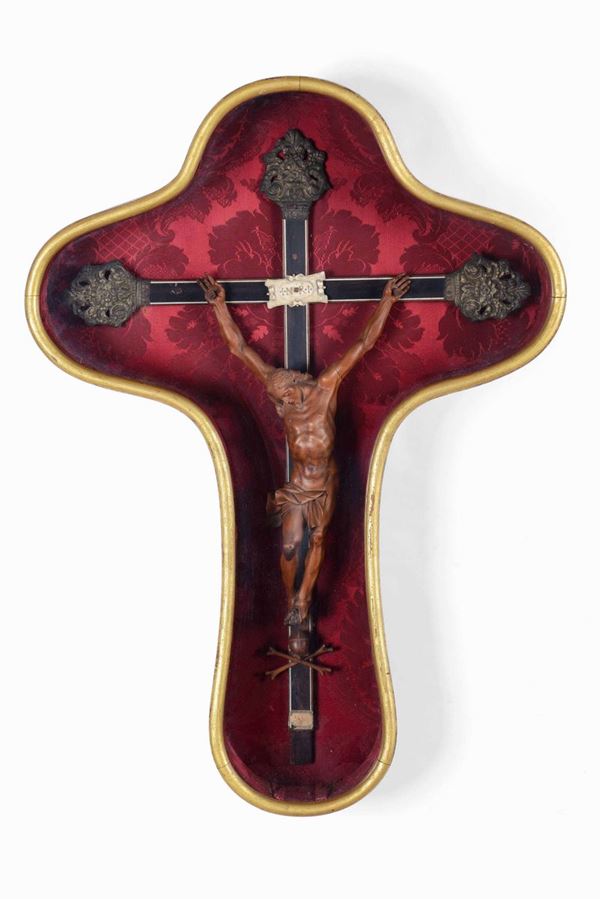 Corpus Christi Italia del nord XVIII secolo Legno di Bosso. Croce in palissandro con filettature in  [..]