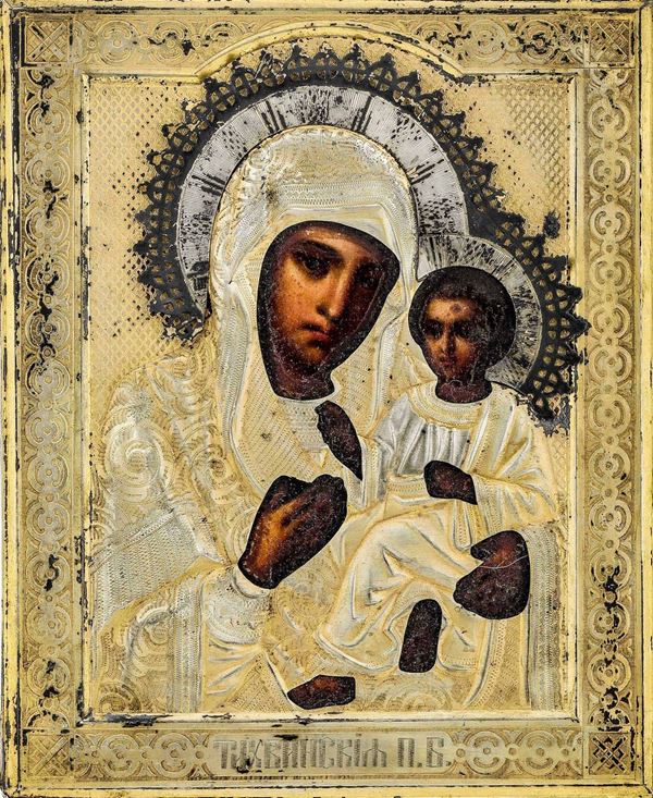 Icona raffigurante la Vergine di Kazan. Riza in argento sbalzato, traforato, cesellato e dorato. Marchi di Mosca per l'anno 1894 e dell'argentiere (non identificato)