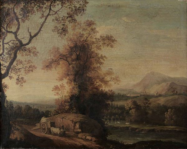 Scuola romana del XVIII secolo Paesaggio con viandante e carro