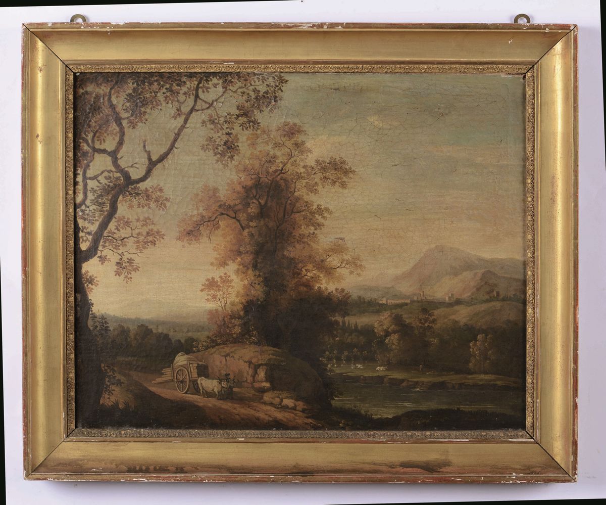 Scuola Romana del XVIII Secolopaesaggio con Viandante e Carro
