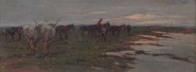 Giovanni Lomi (1889-1969)veduta con Buoi e Cavalli