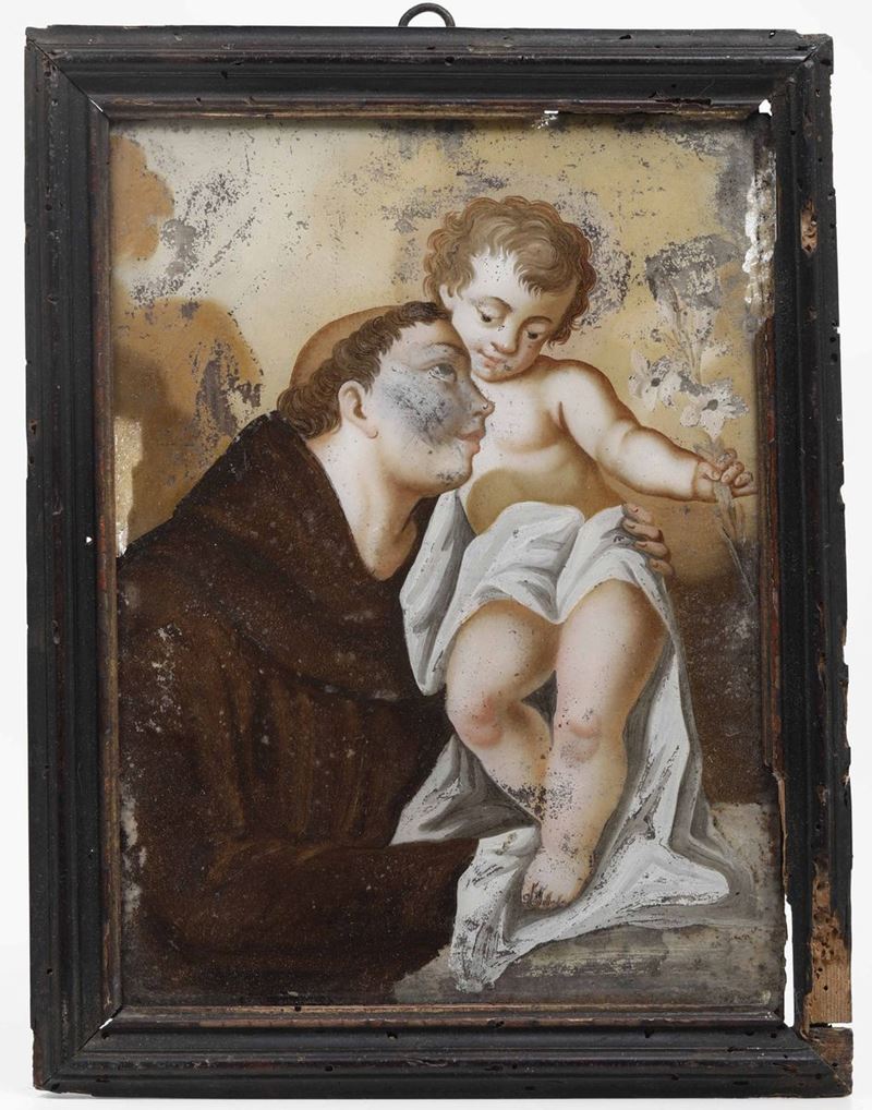 Scuola del XVIII secolo Sant'Antonio col Bambino  - olio su vetro - Asta Dipinti Antichi | Cambi Time - I - Cambi Casa d'Aste