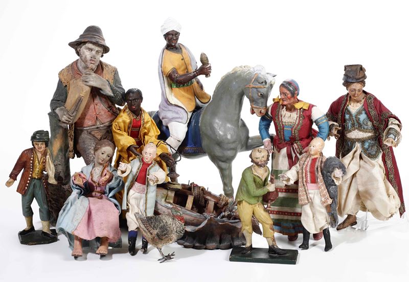 Lotto composto da 13 tra personaggi e animali da presepe.  varie epoche e manifatture  - Auction Neapolitan crib | Cambi Time - I - Cambi Casa d'Aste