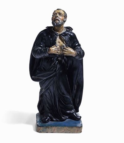 Sant' Ignazio De Loyola Terracotta Policroma e Vetro Plasticatore Barocco del XVIII Secolo
